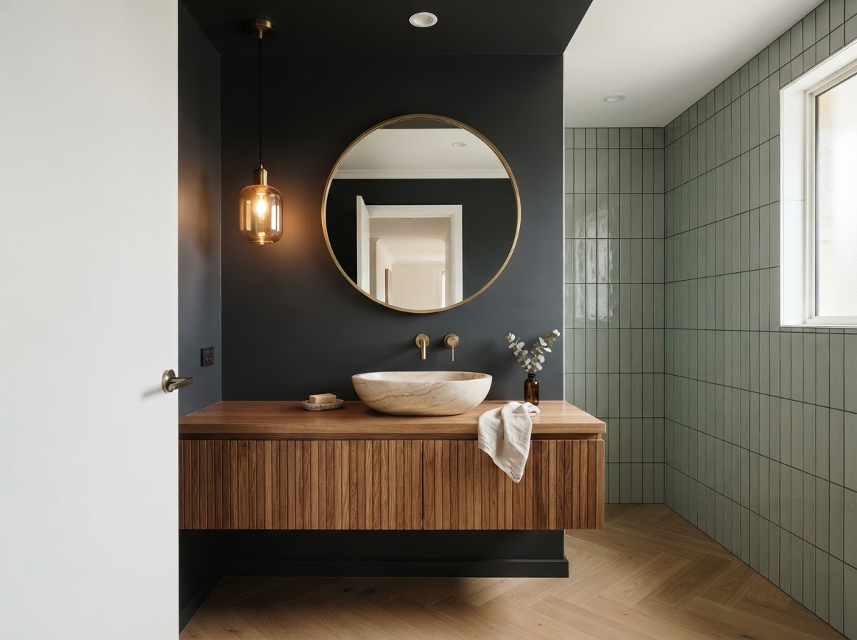 Powder room with timber console vanity