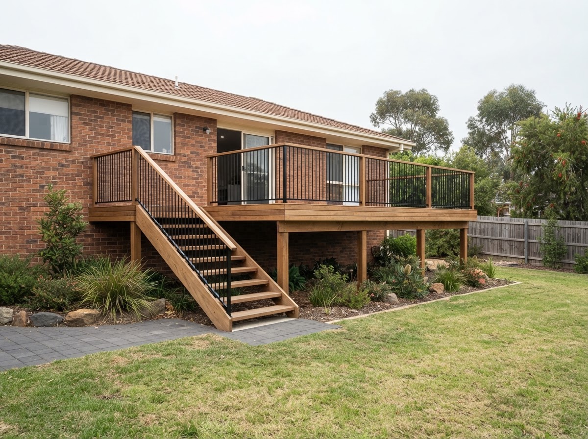 Raised timber deck with stairs and a steel balustrade on a brick-veneer house
