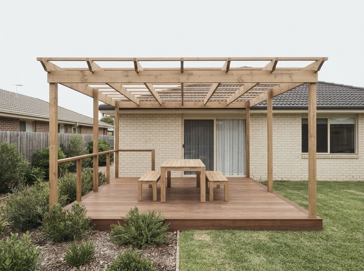 Canberra's Top Decking Experts - Raised timber deck with stairs and steel balustrade on a brick-veneer house