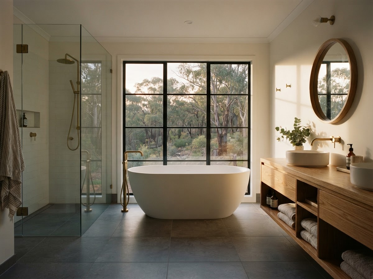 Bathroom renovation in Tuggeranong with freestanding bath and bushland views