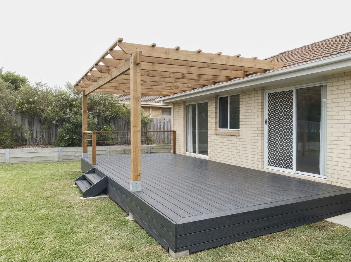 Large charcoal composite deck with a pergola beside a cream brick house