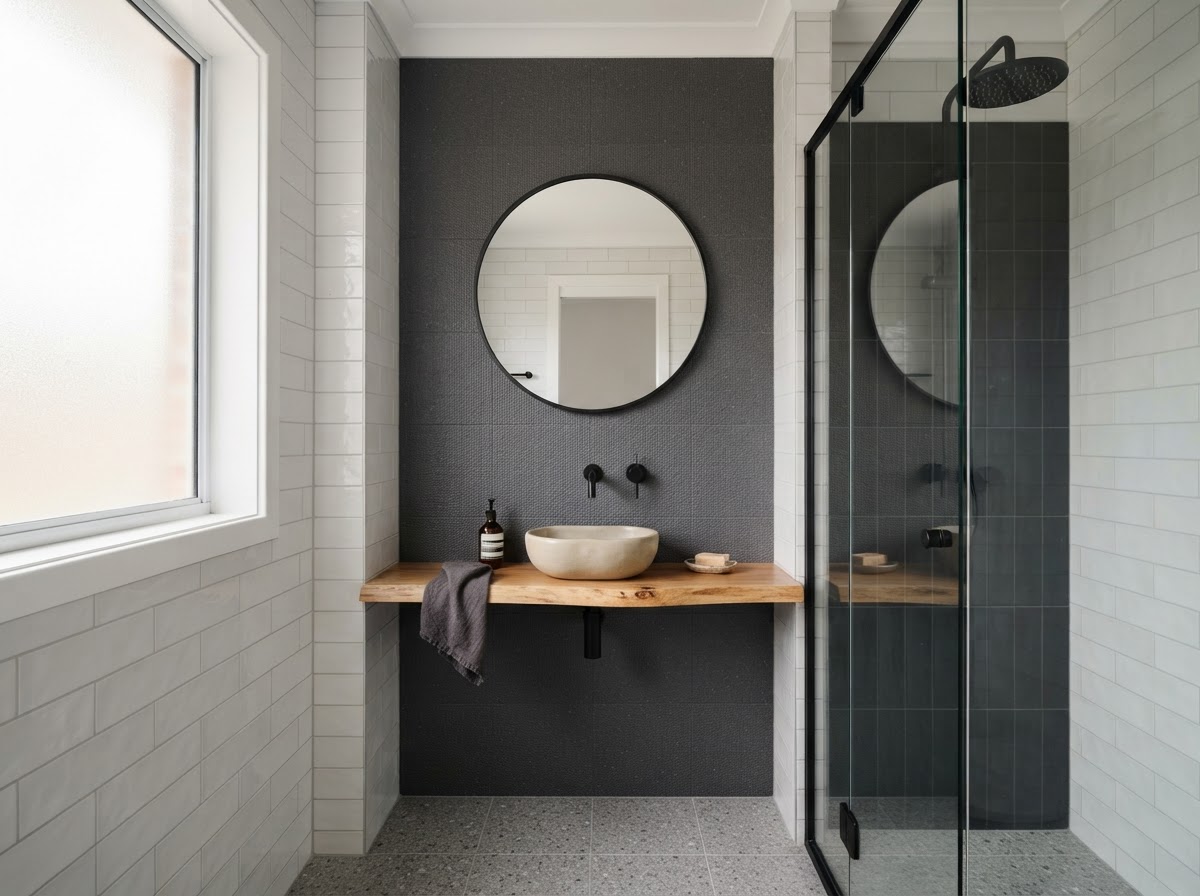 Small ensuite with wall-mounted basin