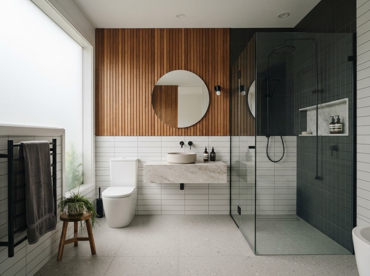 Modern ensuite with timber feature wall