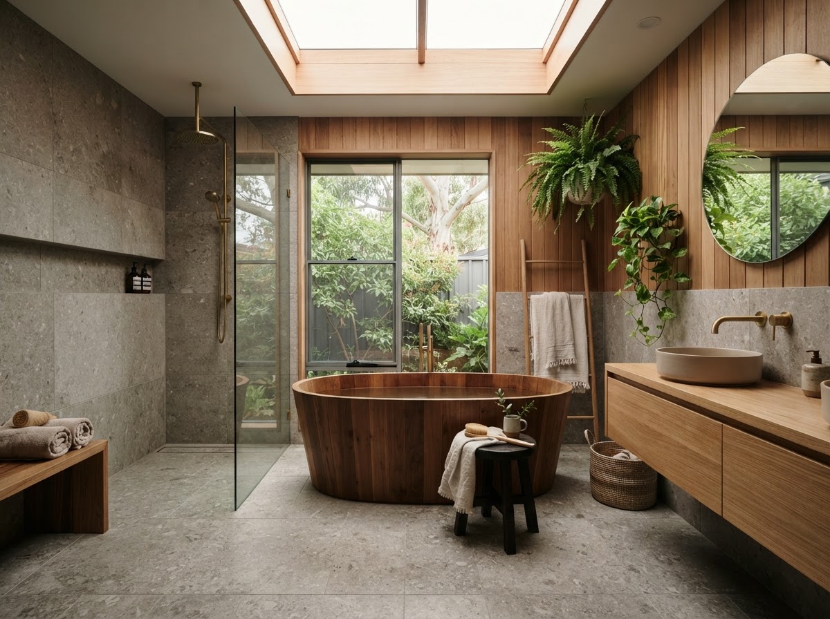 Spa-style bathroom with soaking tub
