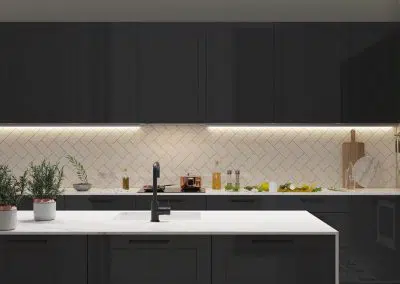 Modern dark cabinetry with herringbone splashback kitchen design