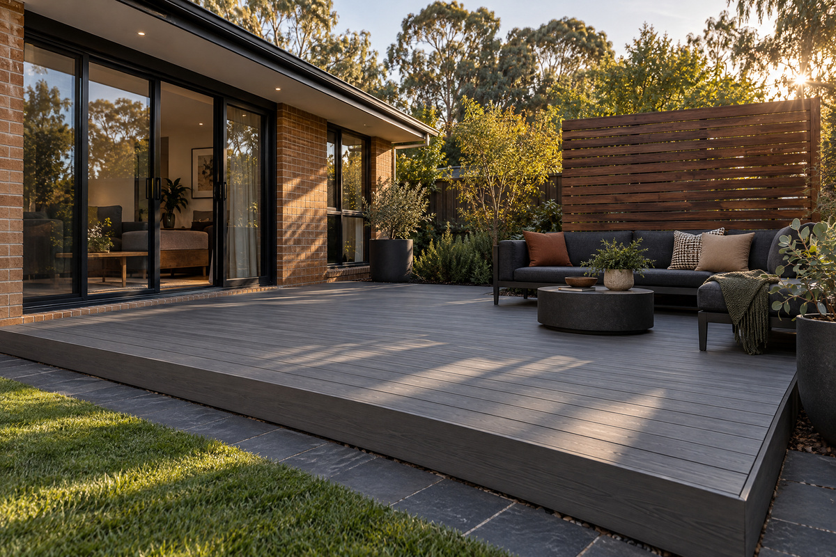 Low ground-level grey composite deck with privacy screen and outdoor lounge