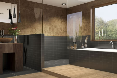 Contemporary charcoal tiled bathroom with timber platform floor