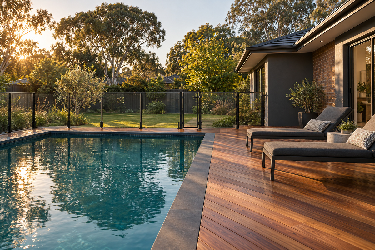 Deck beside an inground pool with glass balustrade and sunloungers