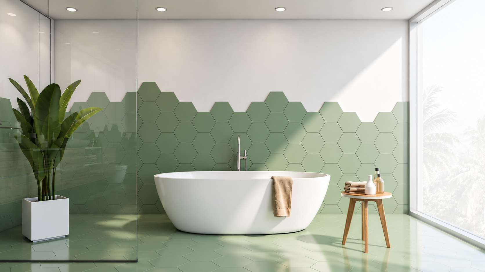 Modern bathroom with green hexagon feature tiles and freestanding bath