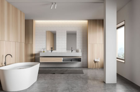 Luxury modern ensuite with timber wall panels, freestanding bath and double vanity