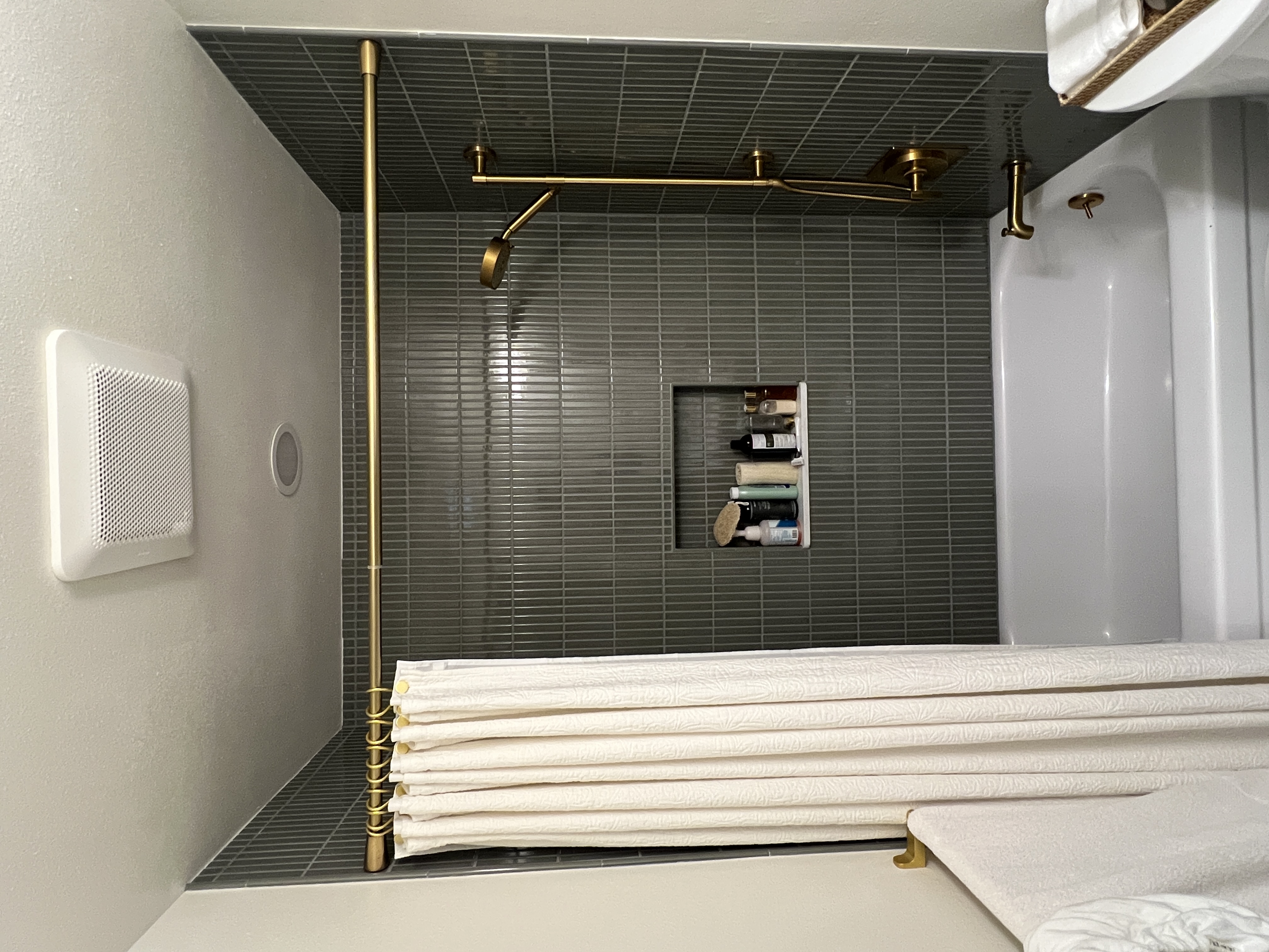 Vertical Stack Olive Tile with Gold Fixtures