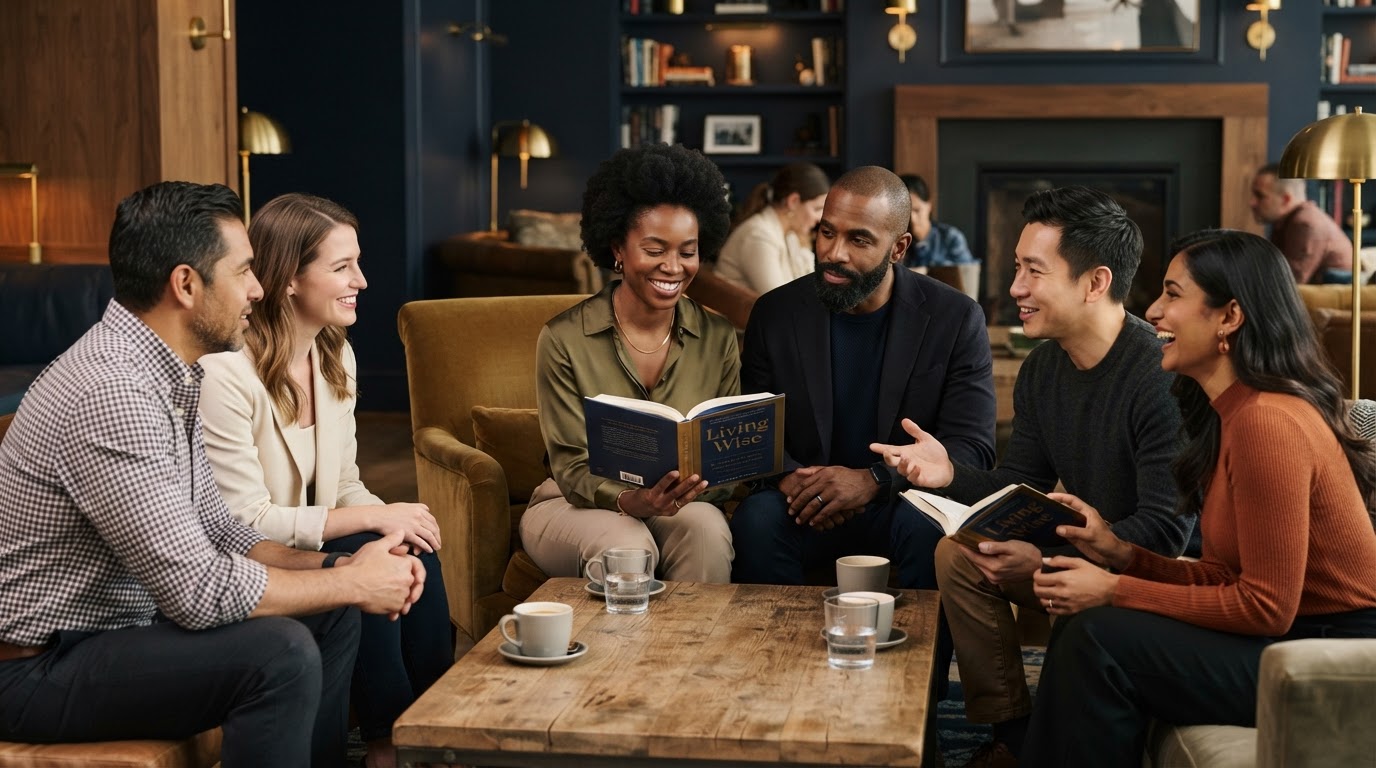 A diverse group of mid-career professionals — the readers Living Wise is written for — gathered together, with one woman holding a copy of the book