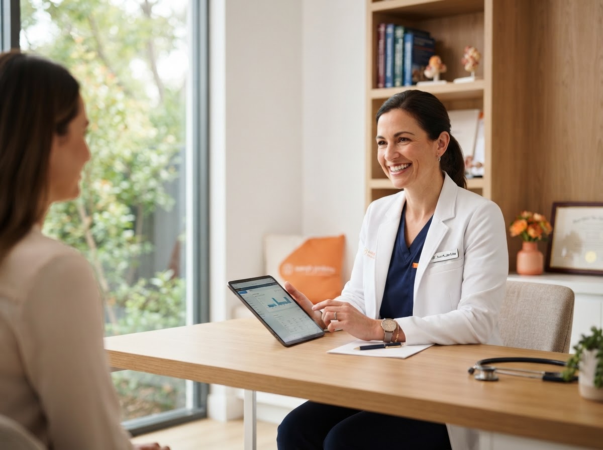 Médica en consultorio moderno gestionando su práctica con tecnología