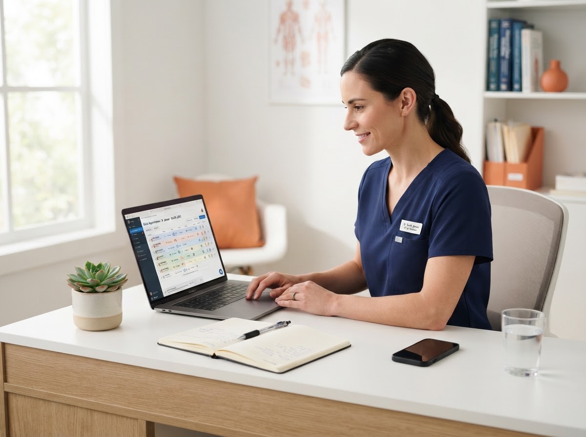 Profesional de la salud administrando su consultorio desde una computadora