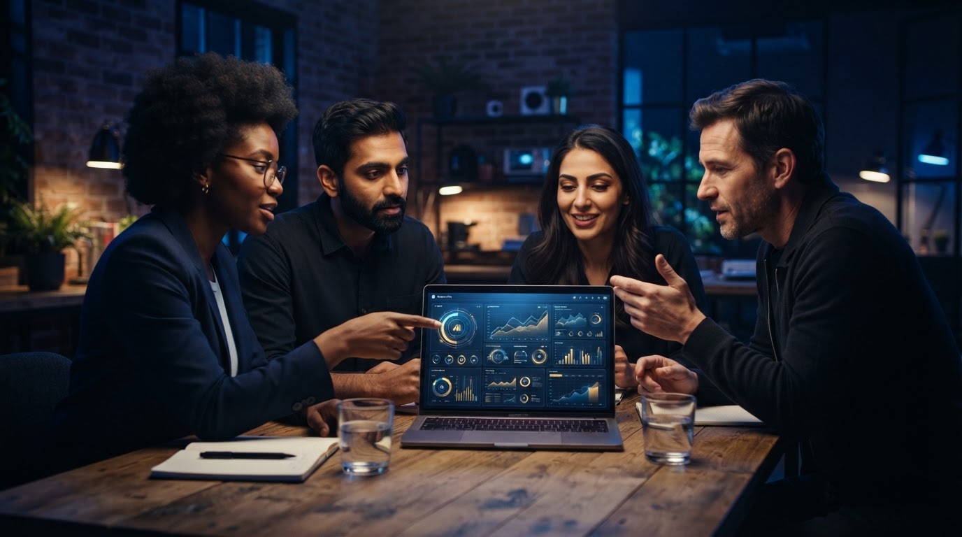 Business owners collaborating in an AI workshop