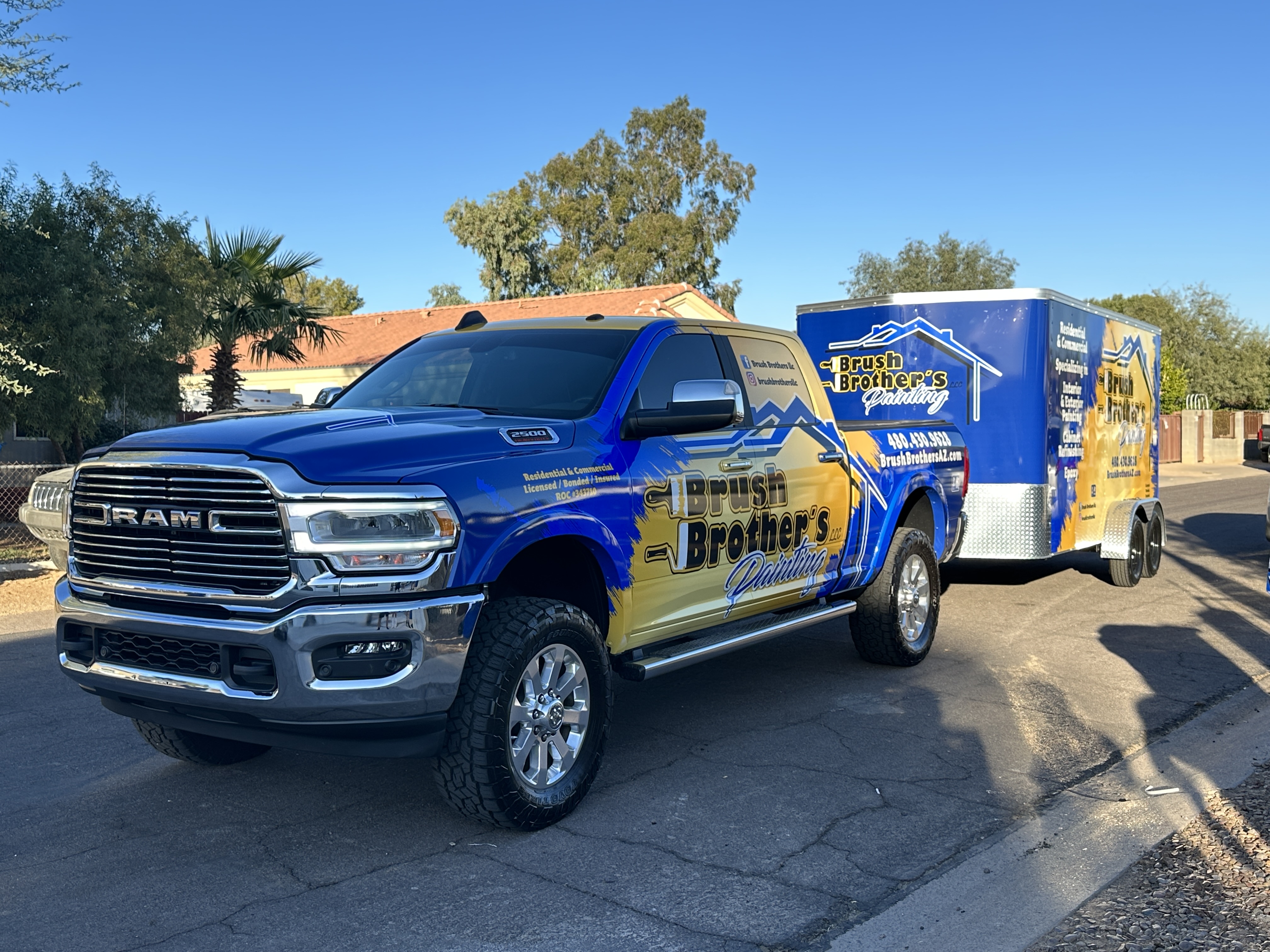 Brush Brother's Painting custom wrapped Dodge RAM truck and equipment trailer