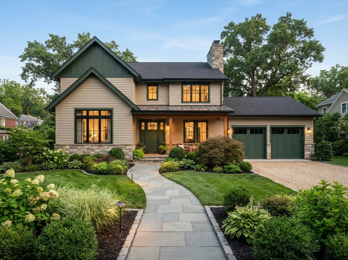 A welcoming home with warm beige siding and deep forest green accents