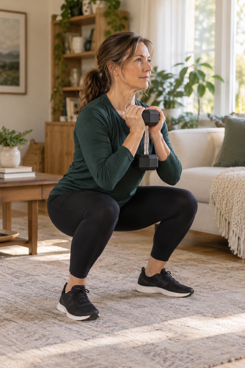 Woman strength training at home with dumbbells doing goblet squat