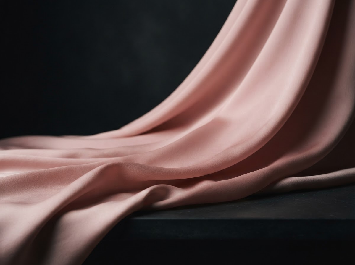 Soft blush pink silk fabric draped in flowing folds against a dark background