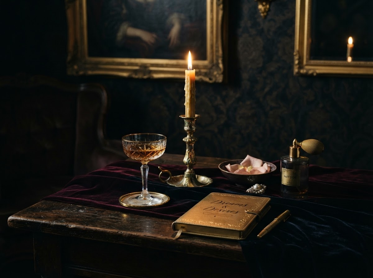 An atmospheric dark interior lit by a single warm candlelight glow