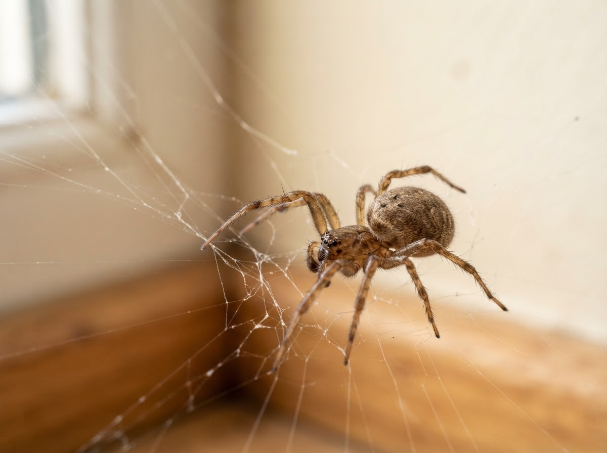 Sharp macro close-up of a single common house spider on a fine silk web in the corner of a room, web softly lit, against a softly blurred warm background