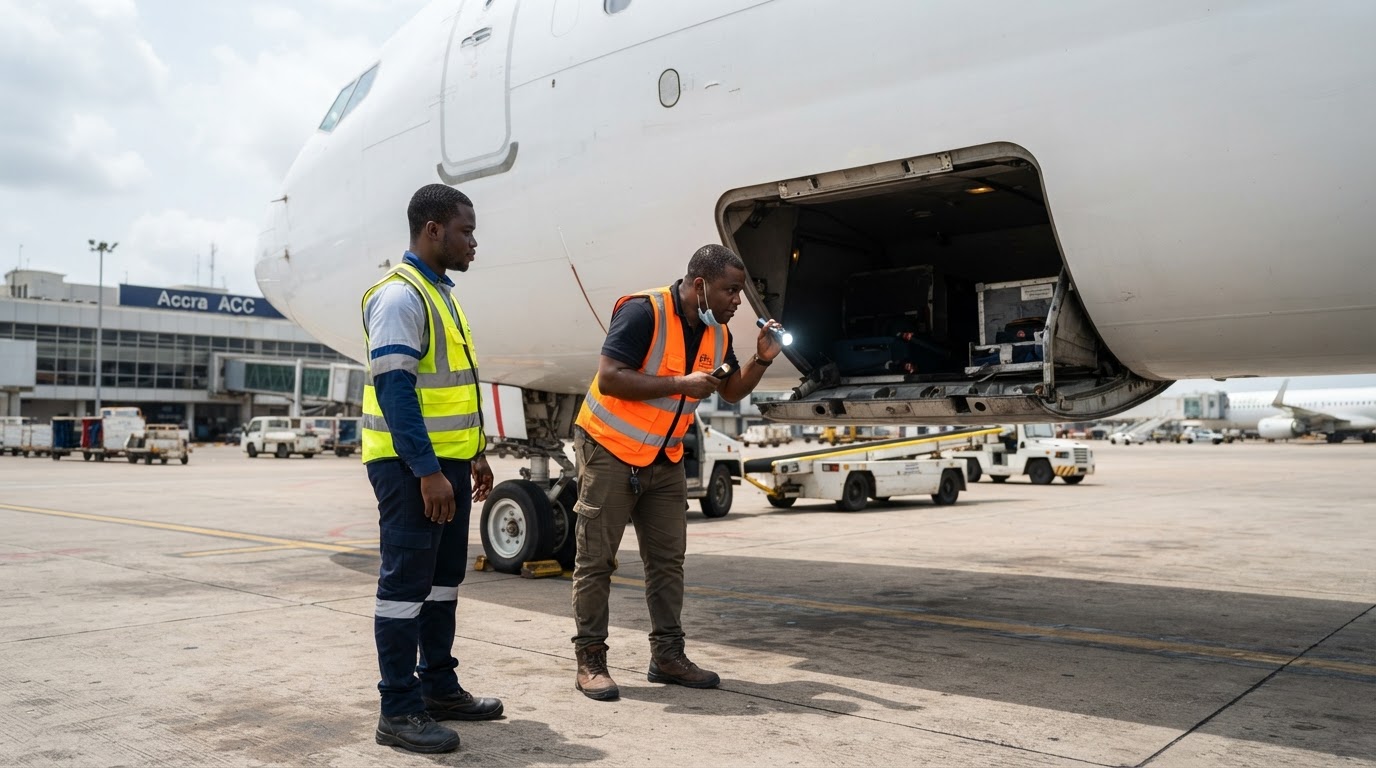 On an Accra airport apron in daylight, a Ghanaian pest control technician in a high-visibility vest holds a lit torch and looks into an open aircraft cargo hold door from a three-quarter side view, with a Ghanaian ground handler in a high-visibility vest beside him; the aircraft fuselage is plain white and unbranded with no tail numbers