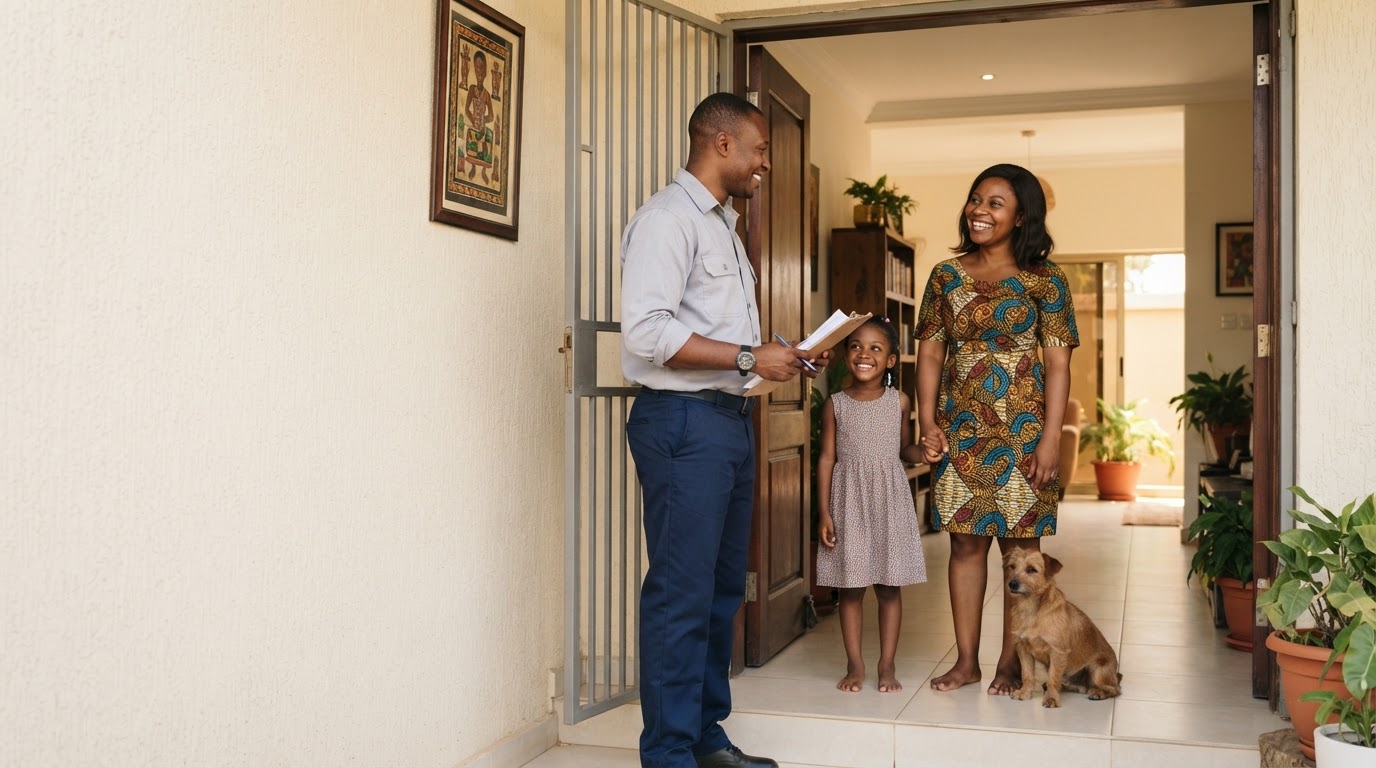 A friendly Ghanaian pest control technician in clean work clothes with a clipboard greeting a smiling Ghanaian family — a parent and a child with a small dog — at the doorway of a bright, modern, tidy Accra home in warm daylight
