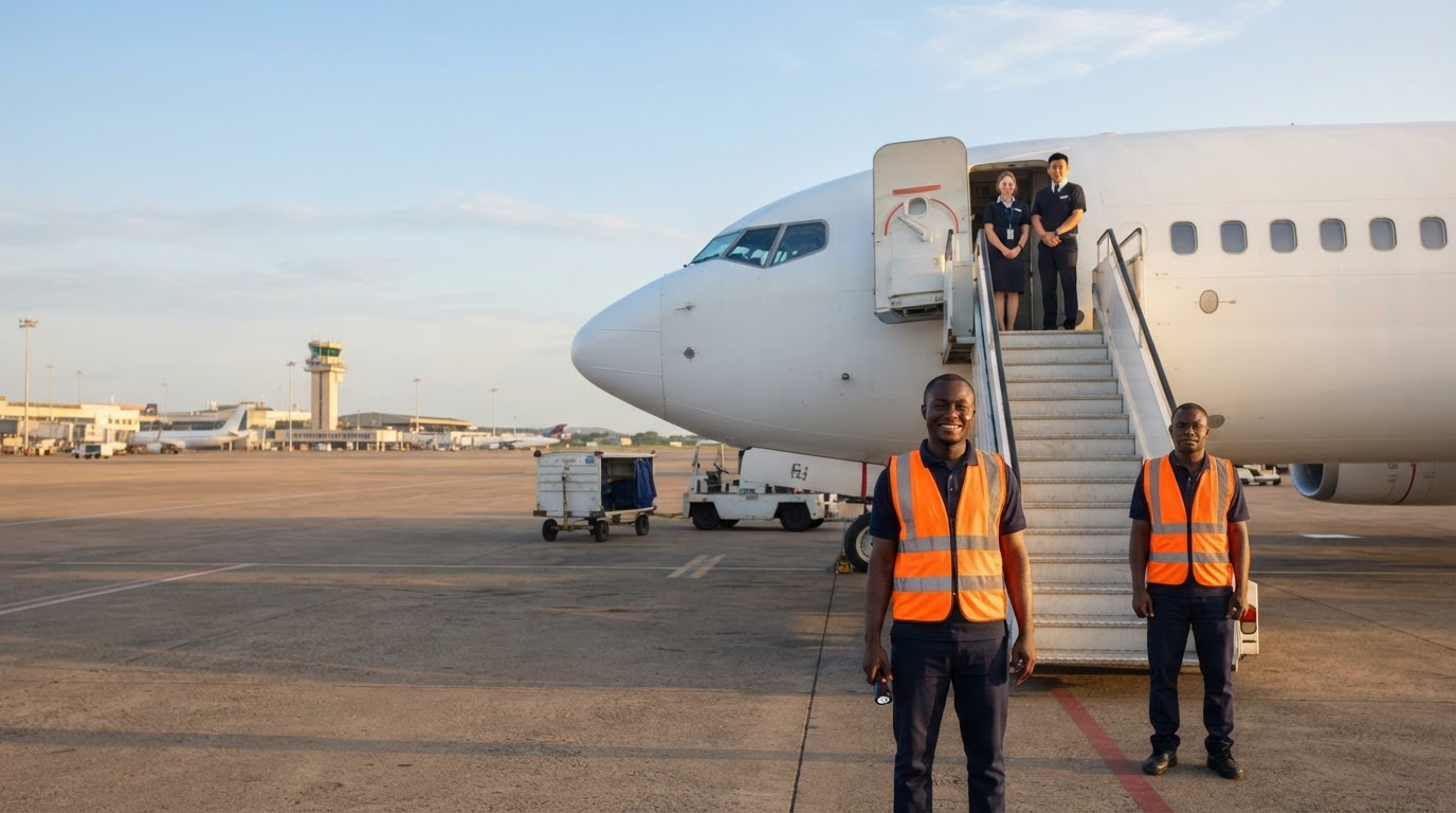 A friendly Ghanaian pest control technician in a high-visibility vest holding only a torch near the open cabin door of a plain-white twin-engine passenger jet at an Accra airport stand, with a ground handler and flight crew nearby in early-morning light