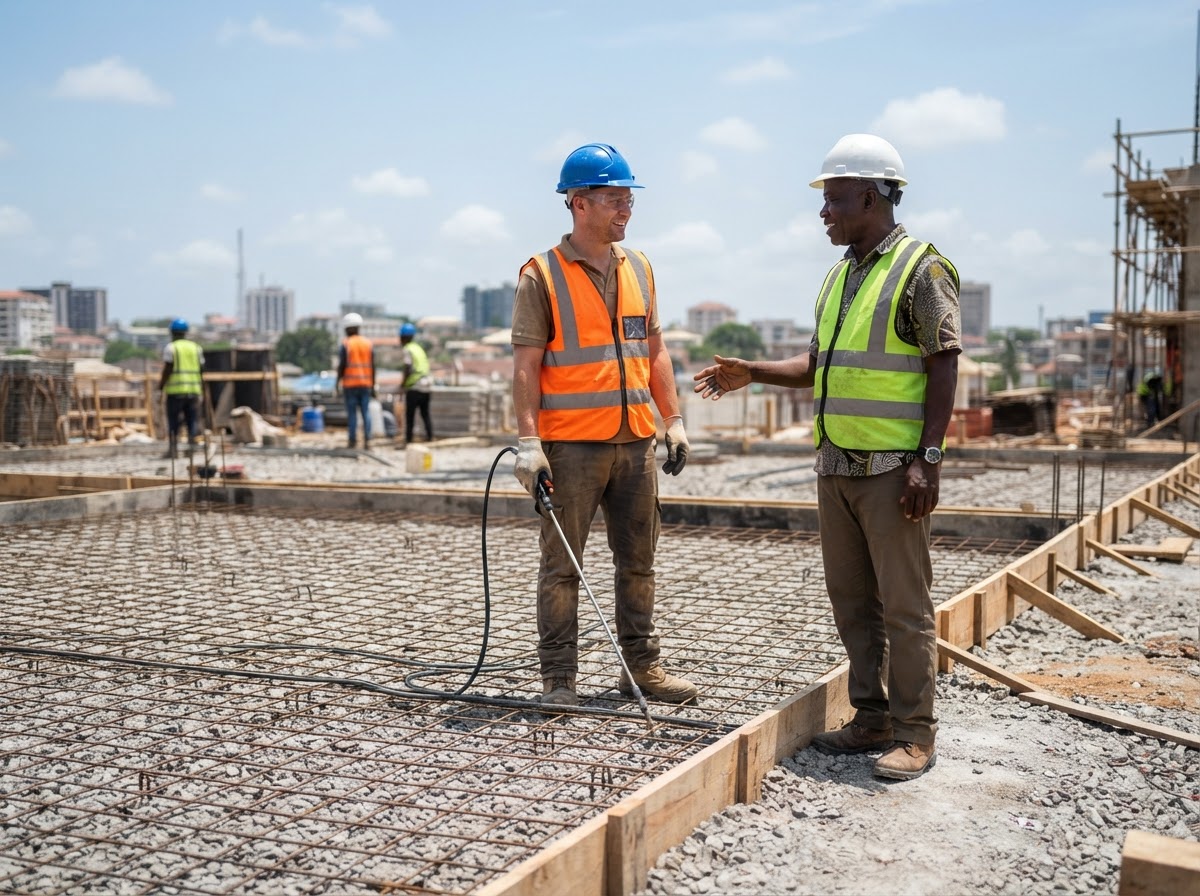 A prepared slab base before the concrete is poured on a bright Accra building site, with a gravel bed and steel mesh. A Ghanaian pest control technician in a hard hat, high-visibility vest, gloves and safety glasses stands beside a soil treatment sprayer wand resting on the ground — nothing is being sprayed and there is no mist — talking with a Ghanaian site foreman in a hard hat who gestures toward the slab base. Both faces are visible and natural. No readable text, no logos.