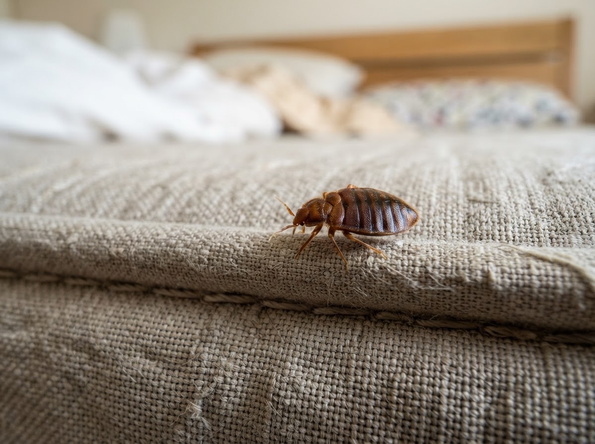 Sharp macro close-up of a single adult bed bug on the fabric seam of a mattress, with the woven fabric texture clearly visible and a softly blurred bedroom background