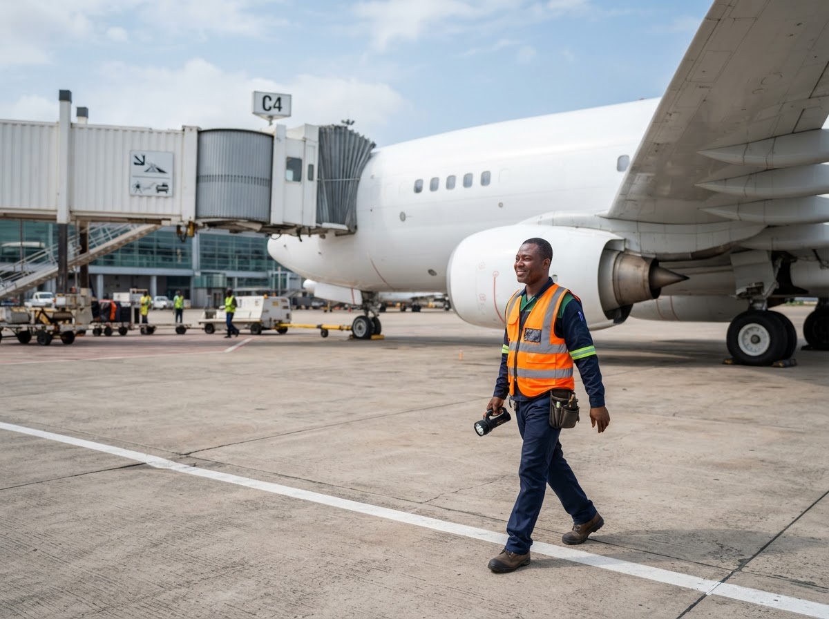 A large plain white twin-engine narrow-body passenger jet at a terminal gate with a passenger boarding bridge at an Accra airport in the morning; a Ghanaian pest control technician in a high-visibility vest holds a torch and walks toward the aircraft, seen from a three-quarter side view; the aircraft is completely unbranded with no logos, tail numbers or stripes