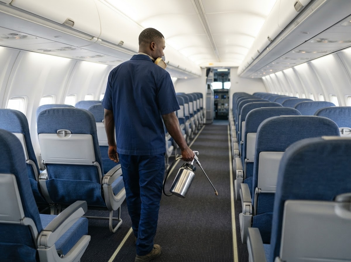 The empty bright cabin of a plain modern aircraft before boarding, seen from behind a Ghanaian technician in a clean uniform with a respirator hanging at his neck, who walks down the aisle holding a professional hand applicator pointed at the floor with nothing being sprayed; rows of plain seats ahead of him
