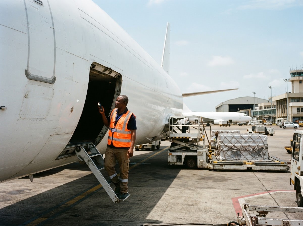 A plain white cargo aircraft with its large side cargo door open on an Accra airport apron, with a loader and pallets nearby; a Ghanaian pest control technician in a high-visibility vest holds a torch near the door, seen from a three-quarter side view; the aircraft is completely unbranded with no logos, tail numbers or stripes