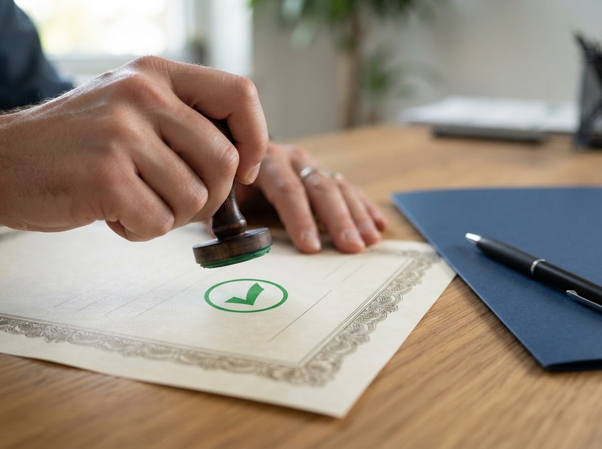 A close-up of a hand pressing a round green ink stamp onto a plain certificate lying on a desk; the certificate has a decorative border and ruled lines but no readable words or numbers, and the stamp mark is a clean circle with a tick and no letters; a pen and a plain folder sit beside it