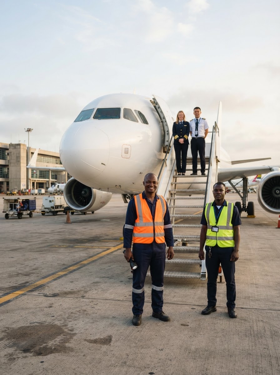 A friendly Ghanaian pest control technician in a high-visibility vest holding only a torch near the open cabin door of a plain-white twin-engine passenger jet at an Accra airport stand, with a ground handler and flight crew nearby in early-morning light