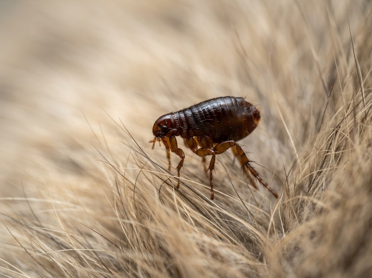 Sharp macro close-up of a single dark reddish-brown flea on short clean animal fur, only the fur visible around it with no animal face shown, soft natural daylight, shallow depth of field