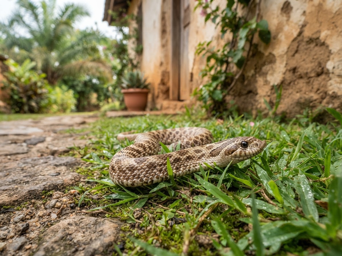 Sharp macro close-up of a single calm snake lying in short green grass beside a garden path near a house wall, relaxed non-aggressive pose with mouth closed, soft natural daylight, shallow depth of field, the snake in sharp focus