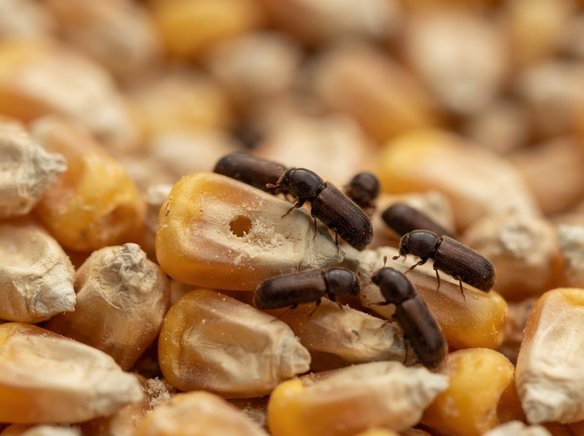 A few small dark-brown cylindrical grain borer beetles among dried yellow maize kernels, with fine pale dust and one kernel showing a small bored hole, soft light, macro