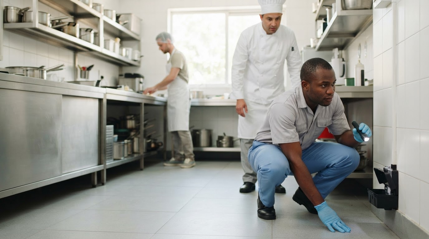 A friendly Ghanaian pest control technician in clean practical work clothes and gloves crouching to inspect a small pest monitoring station low on the wall in a spotless Accra restaurant kitchen, holding only a torch, with a Ghanaian chef in whites watching in the background