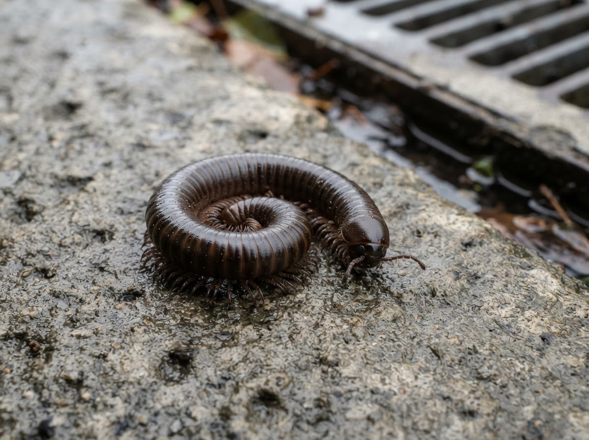 Sharp macro close-up of a single dark millipede, partly curled into a loose coil, resting on damp grey concrete near a drain, the many segmented legs in sharp focus, soft natural daylight, shallow depth of field