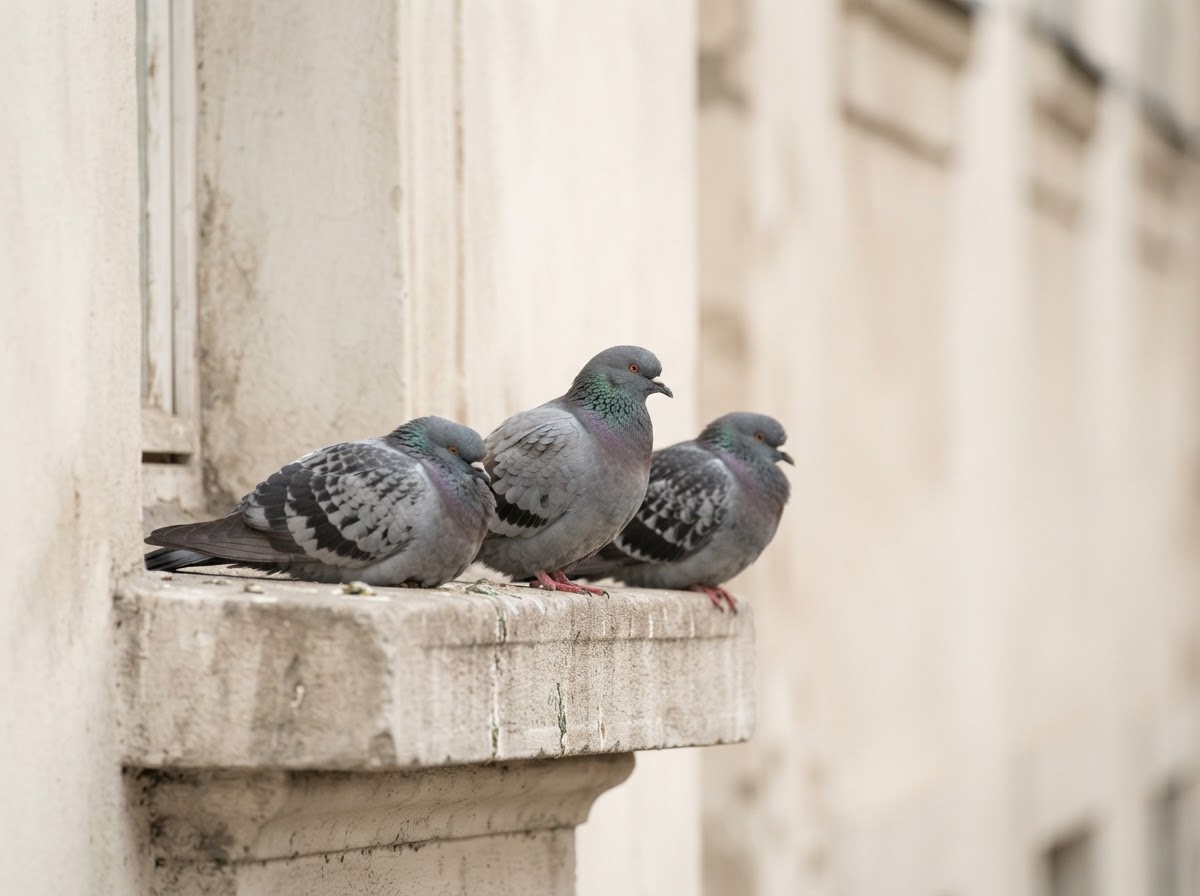 Two or three grey town pigeons perched calmly together on a plain concrete building ledge in soft daylight, seen from the side, with a softly blurred pale building wall behind them