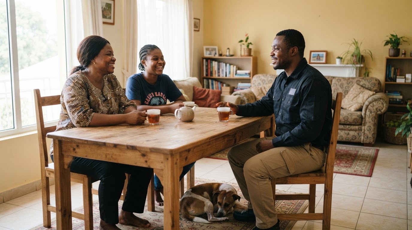 A smiling Ghanaian pest control technician in clean work clothes sitting at a living room table with a Ghanaian family — a parent and a teenager — all in relaxed conversation, with cups of tea on the table, and a small dog resting on a rug on the floor nearby
