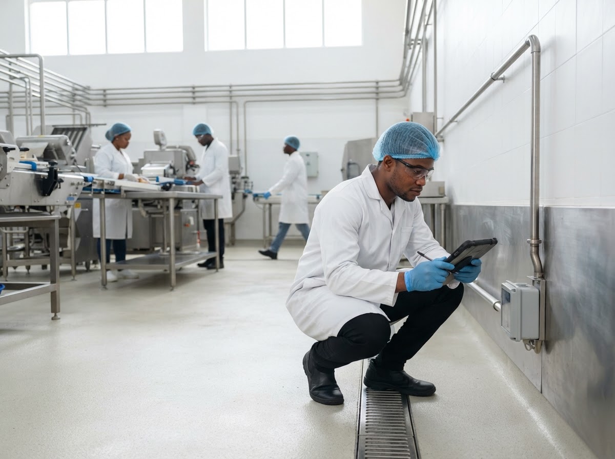 A spotless food processing room with stainless steel equipment and clean white walls, where a Ghanaian pest control technician in a clean white coat, hairnet and gloves checks a small monitoring station low on the wall near a floor drain, with two Ghanaian staff in white coats and hairnets working at the equipment in the background