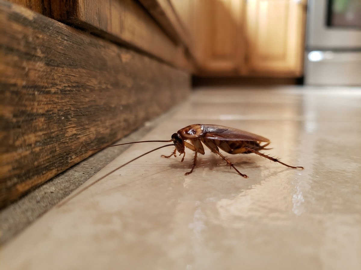 Sharp macro close-up of a single brown cockroach on the edge of a glossy kitchen floor tile beside a cabinet base, seen from a low angle, with a softly blurred warm kitchen background