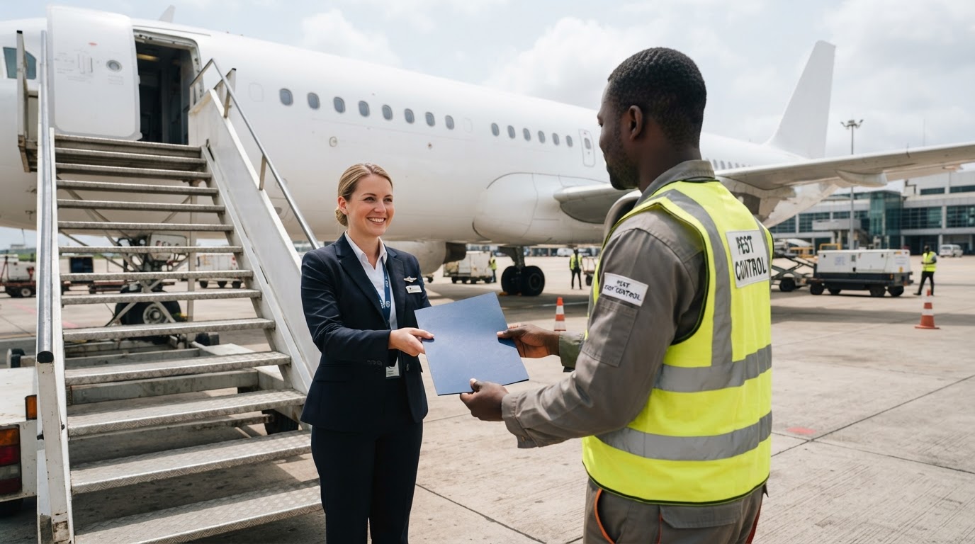 An over-the-shoulder view from behind and slightly to the side of a Ghanaian pest control technician in a high-visibility vest, who hands a document folder — seen from its back with no readable text — to a smiling airline operations officer of European descent who faces the camera, beside an aircraft stairway at an Accra airport stand; the aircraft is plain white and unbranded