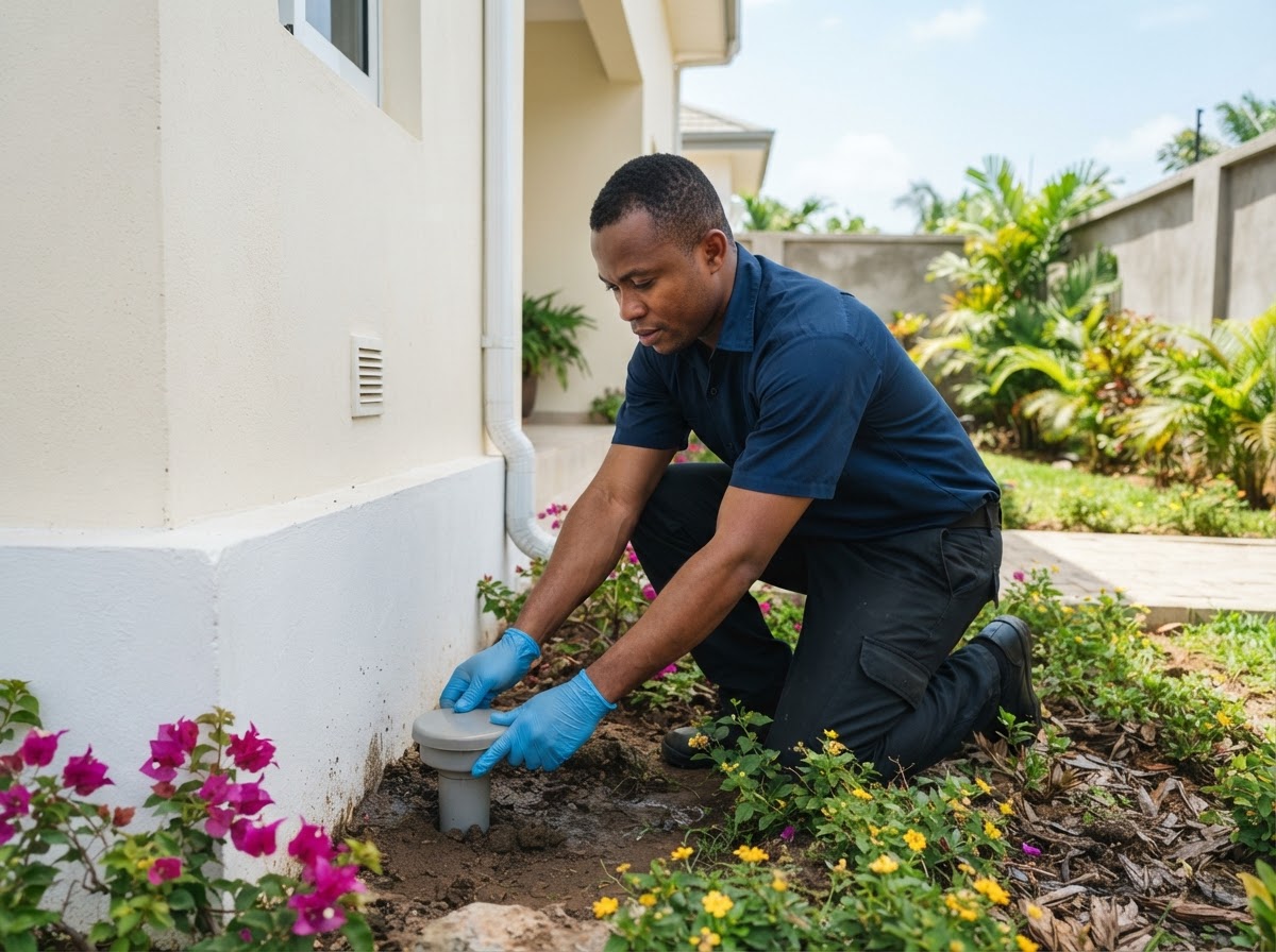 Outside a tidy modern Accra home, a Ghanaian pest control technician in clean work clothes and gloves kneels at the base of an exterior foundation wall in three-quarter view, pressing a small plain round plastic in-ground monitoring station (no markings or text) into the soil, with low flowering plants nearby. No device in anyone's hands. Nothing is sprayed. Realistic hands and faces. No text, no logos, no mist.