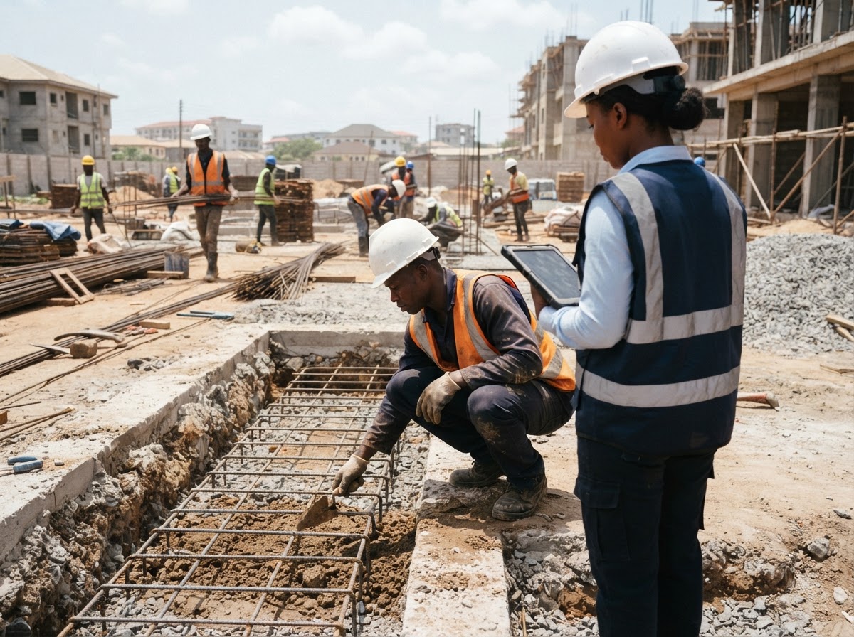 A building site in Accra at the foundation stage in bright daylight, with an open concrete footing trench and steel reinforcement bars. A Ghanaian pest control technician in a hard hat, high-visibility vest and gloves crouches at the edge of the trench in profile, pressing a hand trowel into the soil. Beside him, a Ghanaian site engineer in a hard hat holds a tablet seen from behind and slightly to the side, so only the edge of the tablet is visible and no screen is shown. No readable text, no logos, no spraying, no mist.