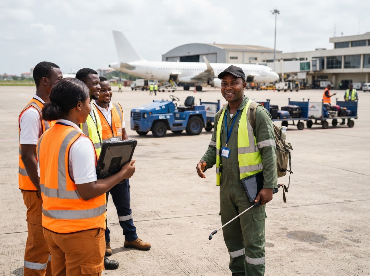An Accra airport apron with a baggage tractor and trolleys; a small group of Ghanaian ground handlers in high-visibility vests talk with a Ghanaian pest control technician who faces the camera; one ground handler holds a tablet seen from behind so the back of the tablet faces the camera; no readable text or interfaces visible
