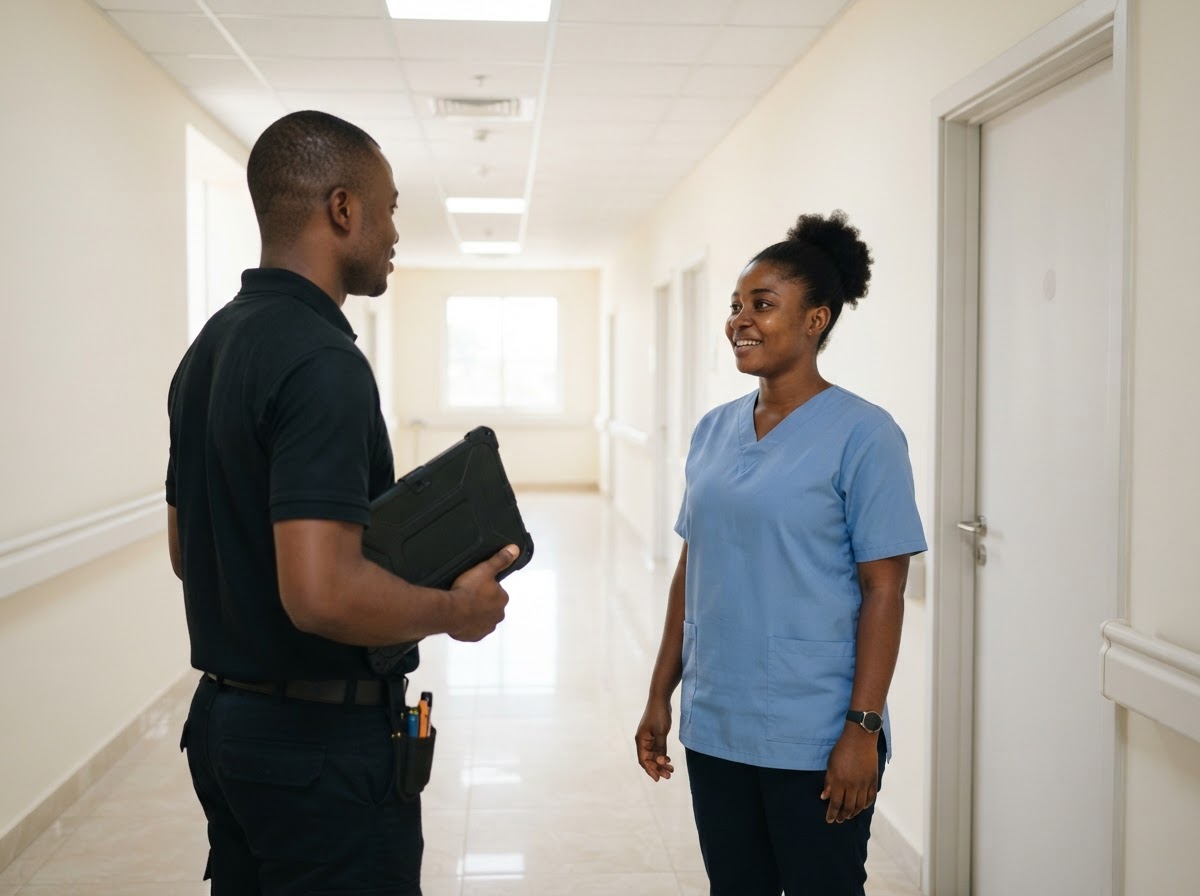 A clean, bright corridor of a modern care home or clinic in Accra with light-coloured floors and handrails along the walls, where an over-the-shoulder, three-quarter rear view from behind a Ghanaian pest control technician shows him holding a tablet with its back toward the camera near a closed utility room door, while a Ghanaian nurse in a plain uniform faces the camera and talks with him