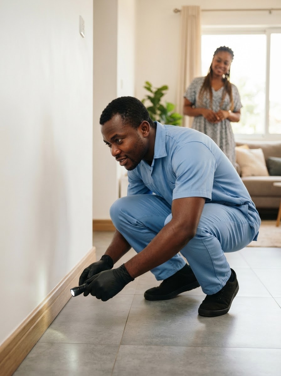 A friendly Ghanaian pest control technician in clean practical work clothes and gloves crouching along a skirting board in a bright, modern, tidy Accra living room, holding only a torch, with a Ghanaian homeowner watching in the background